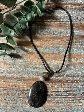 Black Teardrop Stone Pendant on black leather cord Necklace - Women Jewelry